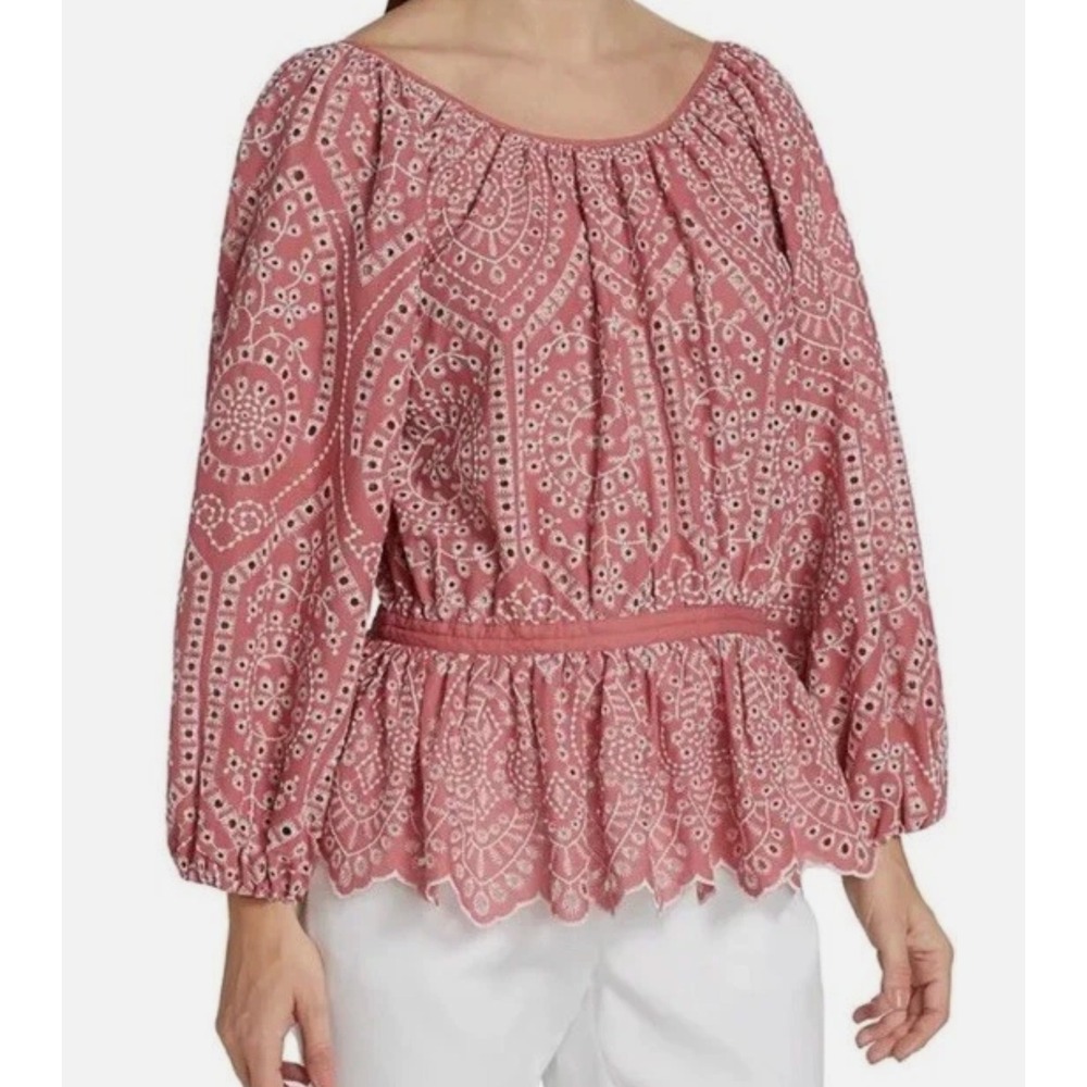 NWT‎ Elie Tahari Lace Eyelet Peplum Blouse Pink Long Sleeve V Neck Size L